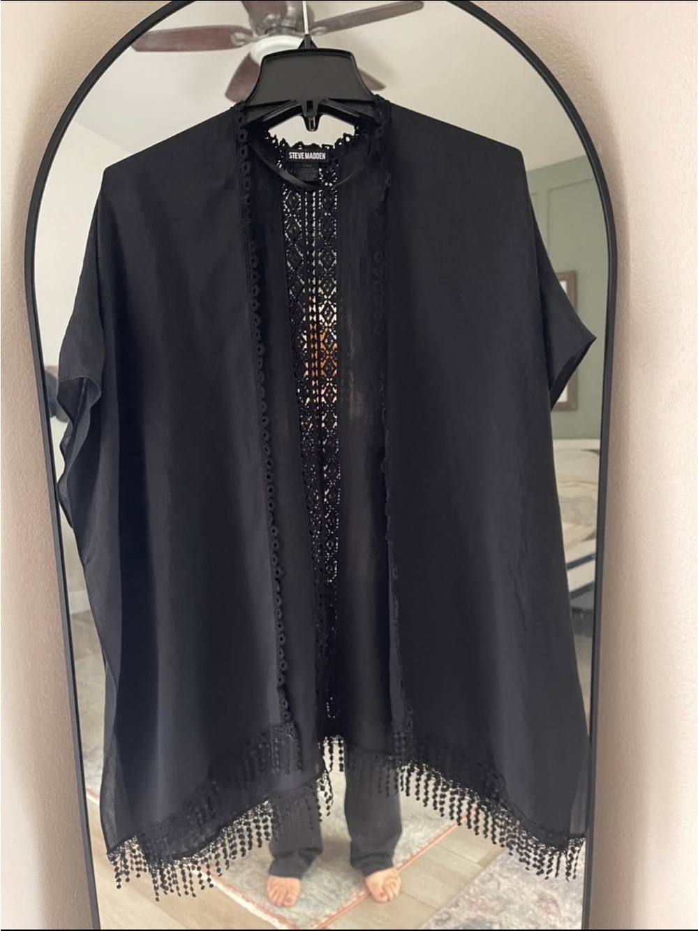 Steve Madden Black Beaded Lace-Trim Open-Front Tunic Cardigan